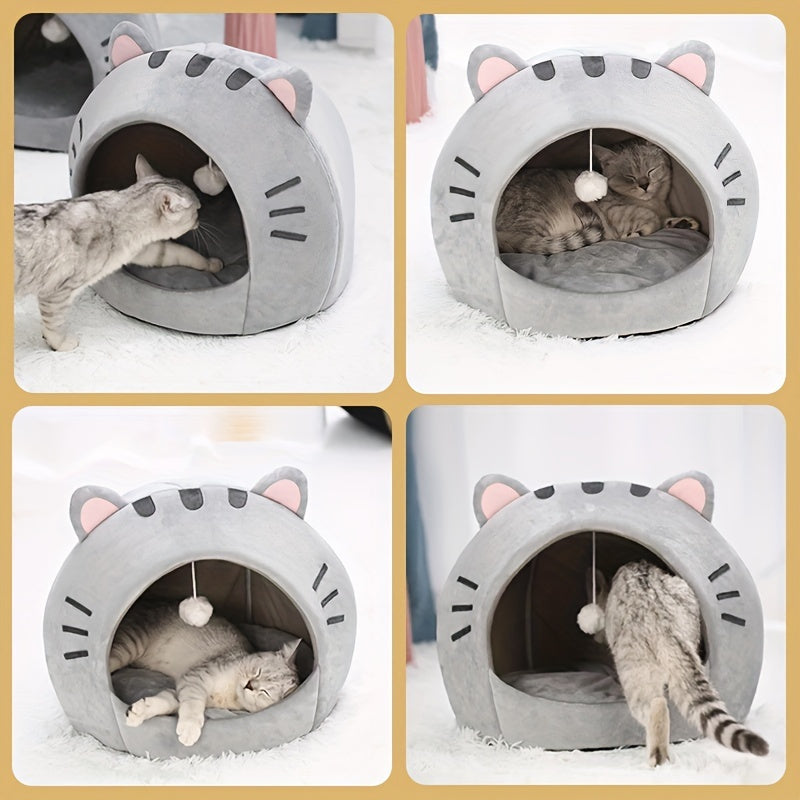 Grande Cama Caverninha Confortável para Gatos de Interior – Cama para Gato com Capuz de Pelúcia Cinza com Orelhas Cor-de-Rosa Adoráveis, Interior Macio e Almofada Removível e Lavável – Perfeita para Aconchegar e Cochilar, Camas para Gatos.