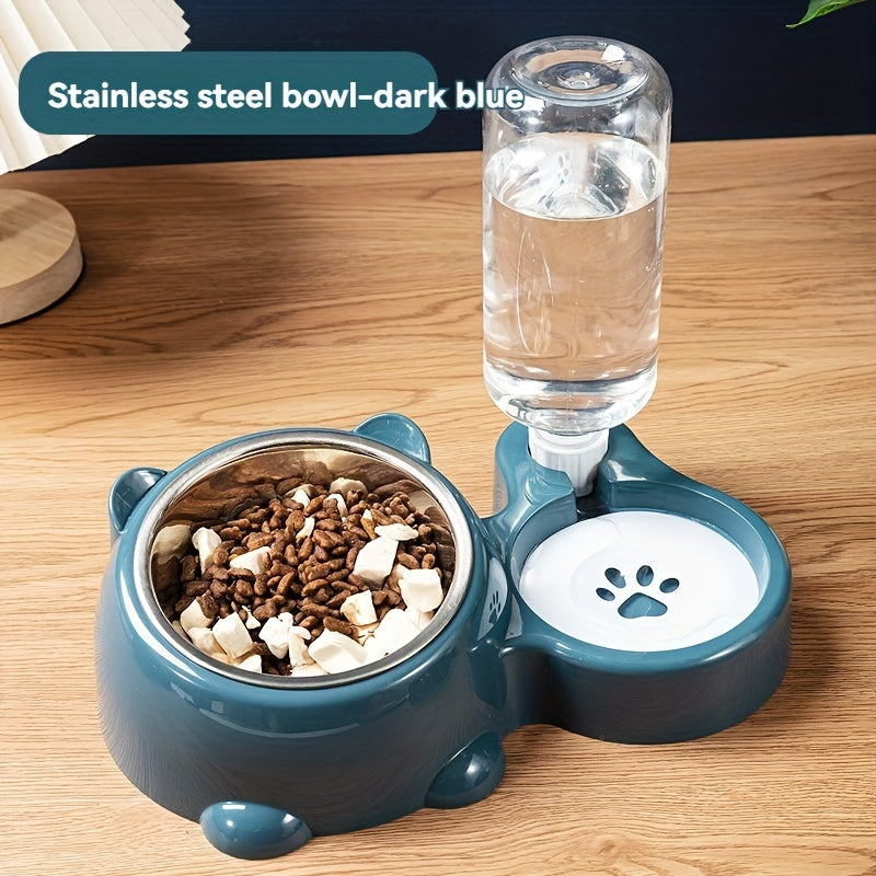 Comedouro Elevado 2 em 1 com Bebedouro Automático – Tigelas Inclinadas de Aço Inoxidável Antiderrapantes para Gatos e Cães.