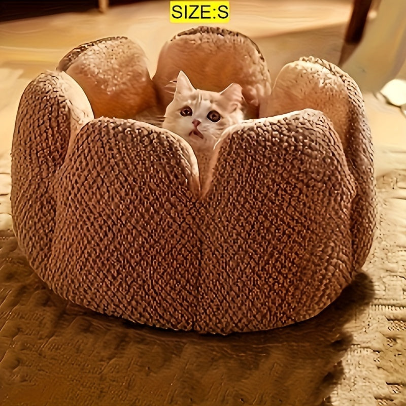 Cama Confortável para Gato em Forma de Pétala de Pelúcia -  Verde com Textura Tricotada, Enchimento de Poliéster | Cama em Forma de Pétala | Cama Confortável para Pets