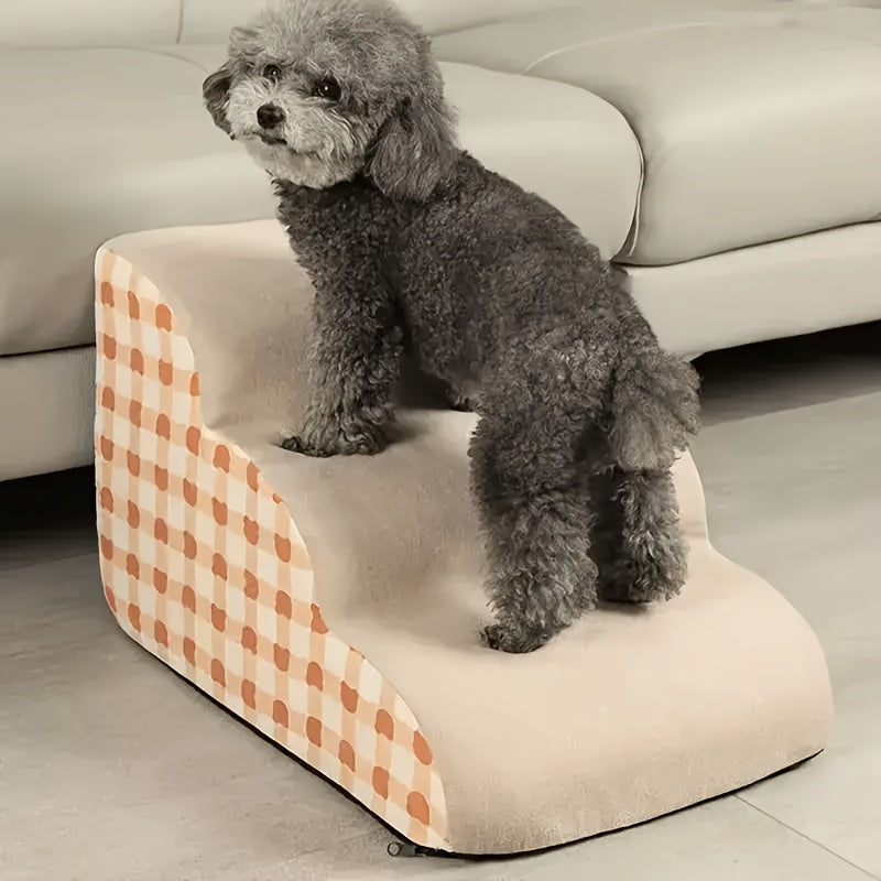 Rampa Pet Extra Larga com 3 Degraus – Degraus em Espuma de Alta Densidade | Base Antiderrapante | Design Xadrez | Ideal para Camas e Sofás Altos | Degraus com Tecido Acolchoado