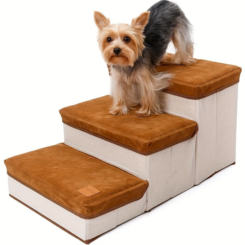 Escada Pet Dobrável com 3 Degraus e Espaço de Armazenamento | Montagem Fácil | Rampa Compacta para Cães e Gatos | Ideal para Camas e Sofás Altos