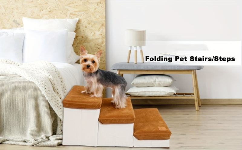 Escada Pet Dobrável com 3 Degraus e Espaço de Armazenamento | Montagem Fácil | Rampa Compacta para Cães e Gatos | Ideal para Camas e Sofás Altos
