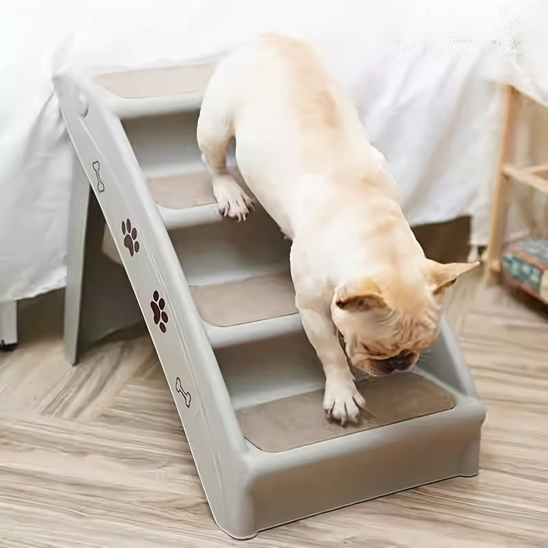 Escada Pet Portátil Dobrável – Para Cães e Gatos de Pequeno Porte | Escada de Plástico com Degraus Antiderrapantes e Estampa de Patinhas