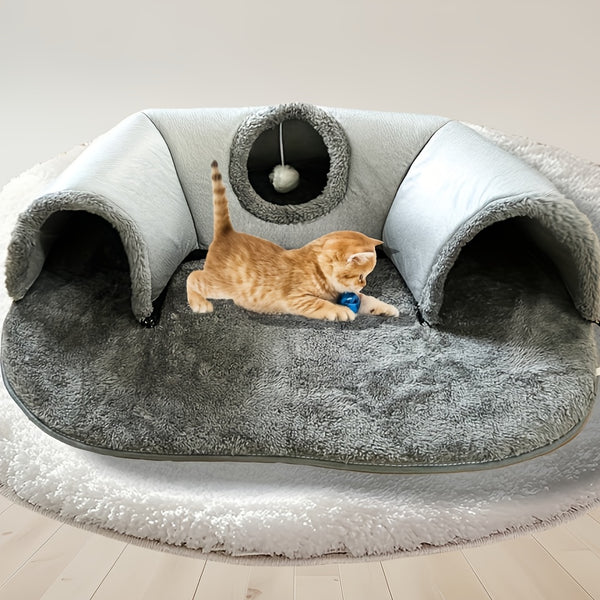 Túnel Cama Confortável 3 em 1 para Gatos – Tapete de Brincar e Ninho Quente com Base Antiderrapante para Gatos Pequenos a Médios, Coelhos e Hamsters.