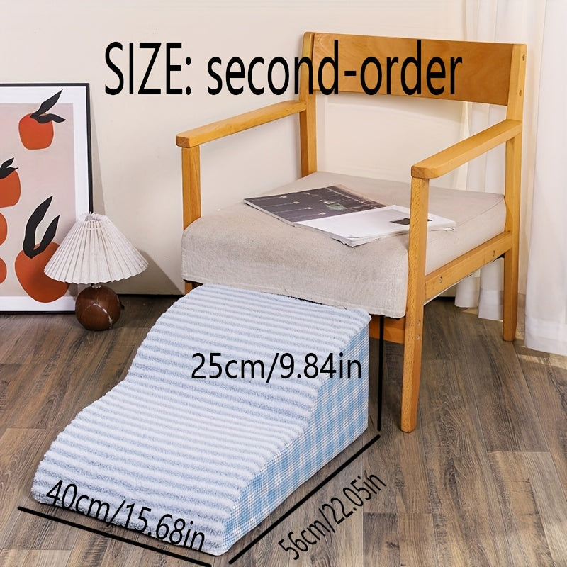 Rampa para Pets com 3 Degraus Antiderrapante para Cães de Pequeno a Grande Porte – Capa de Poliéster Xadrez Lavável com Revestimento Removível, Azul Claro, Bege e Verde, Ideal para Ambientes com Piso de Madeira, Degraus para Cães