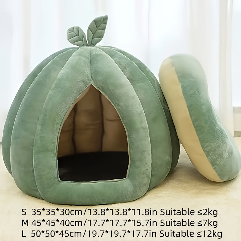 Cama Confortável para Gatos em Formato de Abóbora Verde – Pelúcia Espessa com Enchimento de PP, Fácil de Montar | Cama de Pelúcia para Gatos | Forro Interno de Pelúcia.