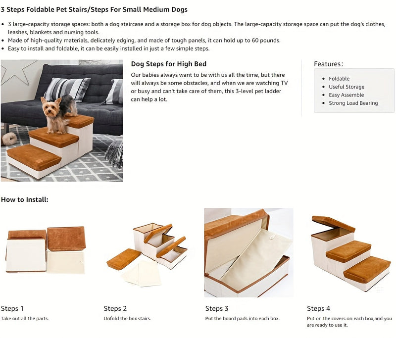 Escada Pet Dobrável com 3 Degraus e Espaço de Armazenamento | Montagem Fácil | Rampa Compacta para Cães e Gatos | Ideal para Camas e Sofás Altos