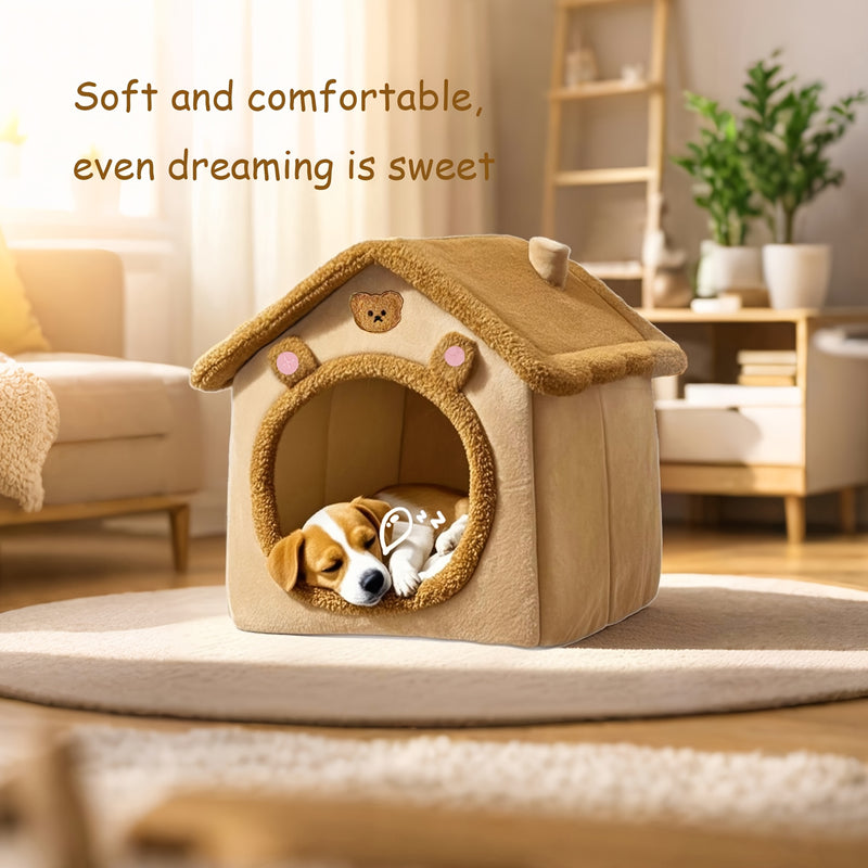 Casa Única para Pets em Estilo Vila Pequena Com Forro de Fleece Ártico e Fleece Curto, Fundo Antiderrapante Removível e Lavável, Ideal para Gatos e Cães Ultra-Pequenos, Pequenos e Médios.