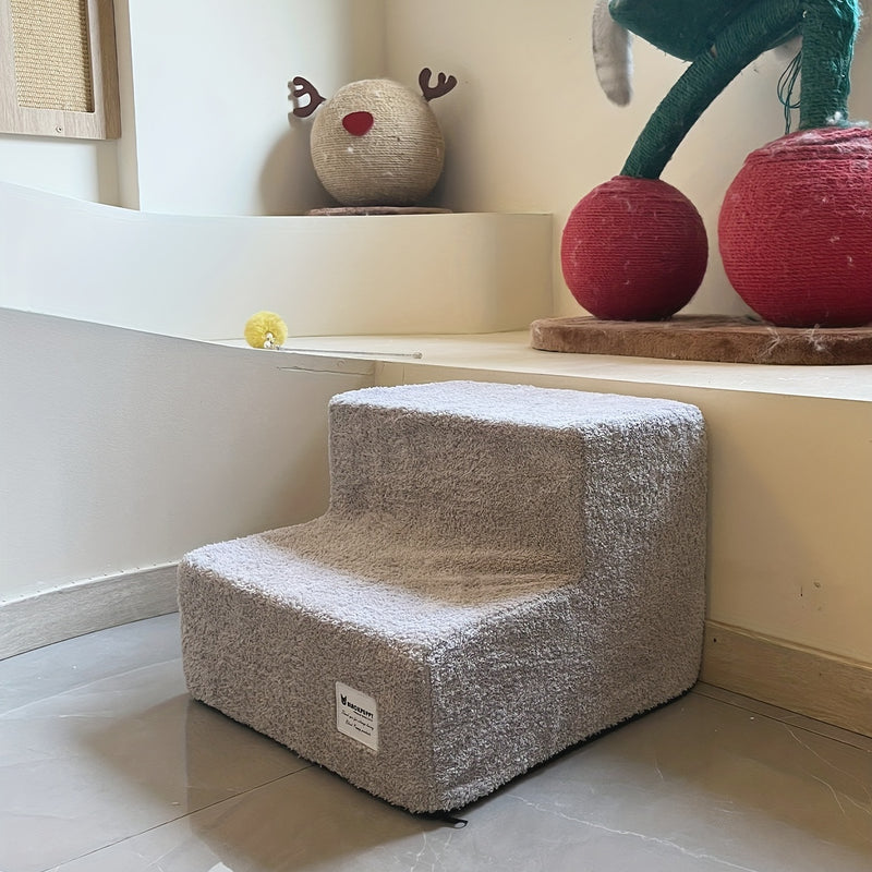 Escada Pet com 2 Degraus – Para Camas e Sofás Altos | Tecido Plush Cinza, Estrutura em Espuma | Design Aconchegante para Cães e Gatos de Pequeno Porte