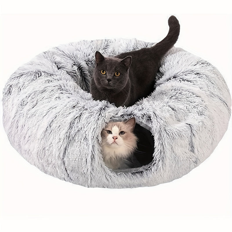 Túnel para Gatos com Cama – Túnel de Brincar com Tapete, Pelúcia Longa, Sono Profundo, Removível e Lavável, Passagem para Gatos Conectável e Multifuncional.