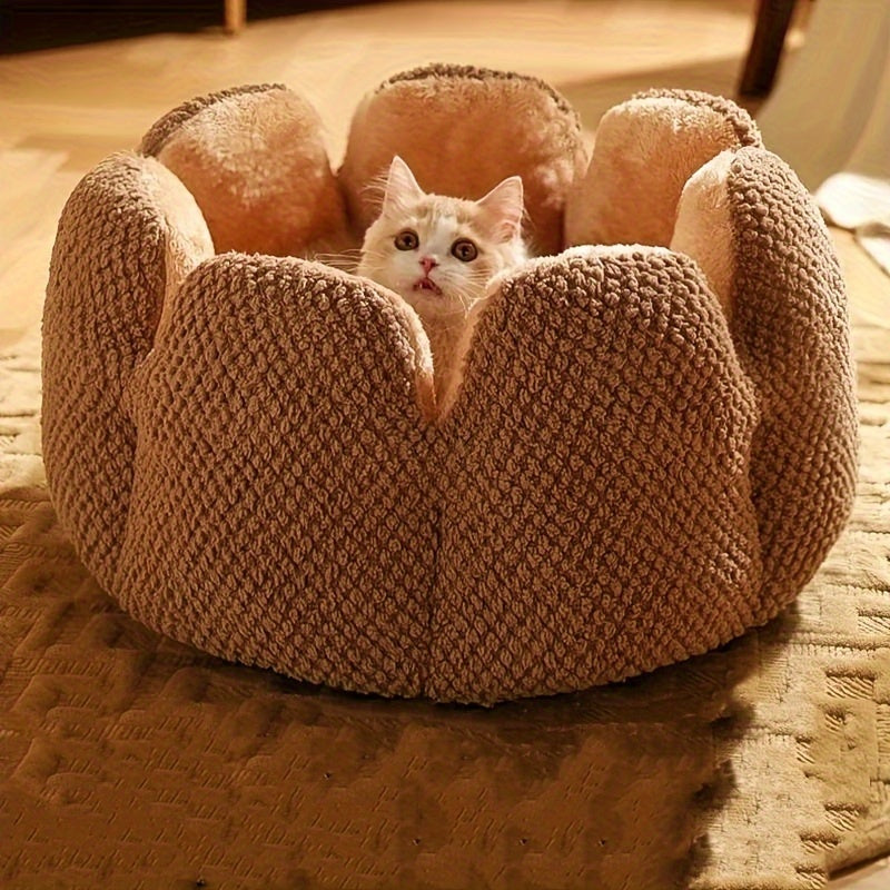 Cama Confortável para Gato em Forma de Pétala de Pelúcia -  Verde com Textura Tricotada, Enchimento de Poliéster | Cama em Forma de Pétala | Cama Confortável para Pets