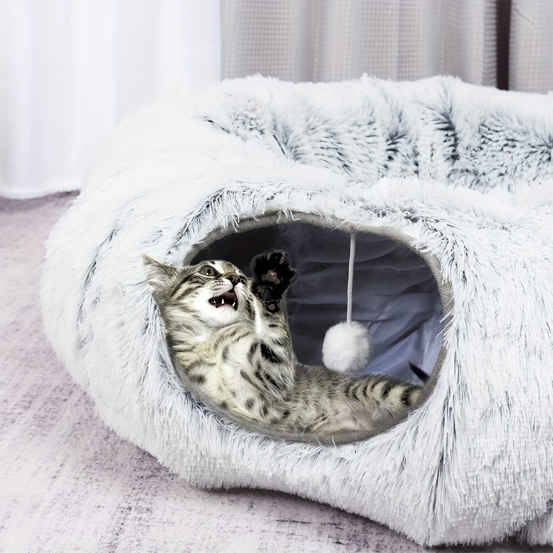 Túnel para Gatos com Cama – Túnel de Brincar com Tapete, Pelúcia Longa, Sono Profundo, Removível e Lavável, Passagem para Gatos Conectável e Multifuncional.