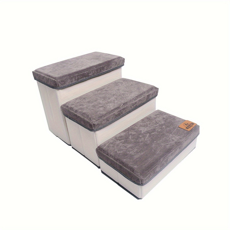 Escada Pet Dobrável com 3 Degraus e Espaço de Armazenamento | Superfície Antiderrapante e Degraus Acolchoados em Plush | Ideal para Cães de Pequeno, Médio e Grande Porte