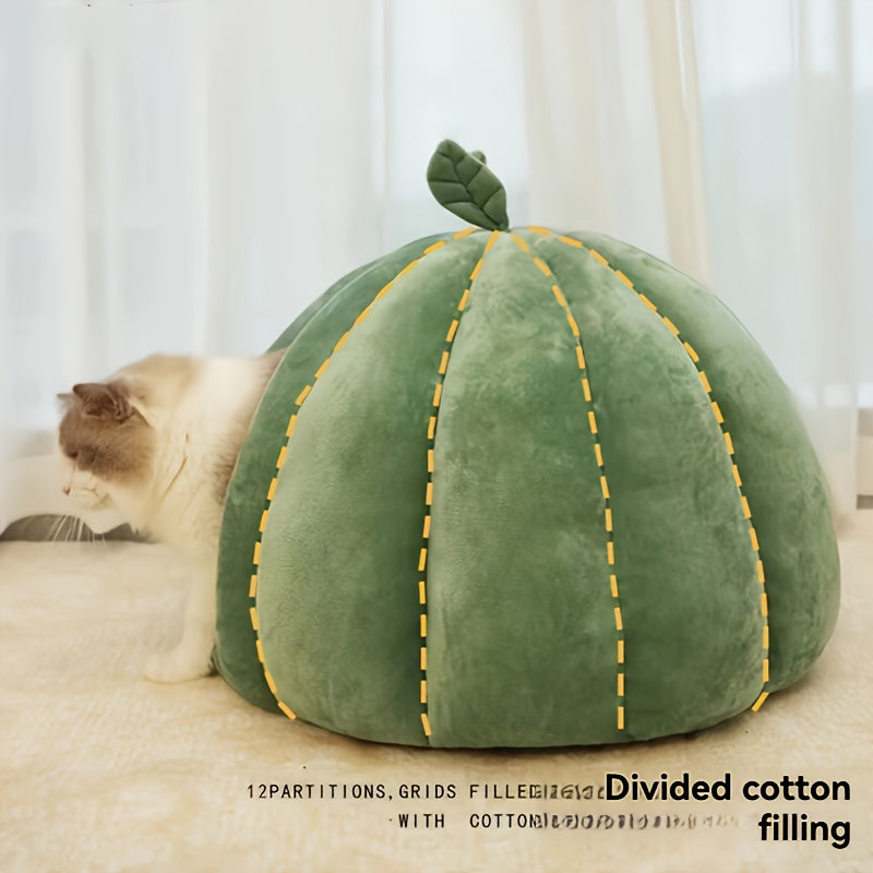 Cama Confortável para Gatos em Formato de Abóbora Verde – Pelúcia Espessa com Enchimento de PP, Fácil de Montar | Cama de Pelúcia para Gatos | Forro Interno de Pelúcia.
