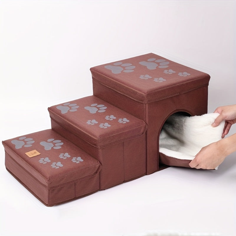 Escada Pet Dobrável com 3 Degraus e Estampa de Patinhas | Superfície Antiderrapante e Espaço de Armazenamento | Rampa e Degraus para Cães de Pequeno e Médio Porte e Gatos