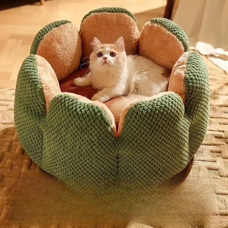 Cama Confortável para Gato em Forma de Pétala de Pelúcia -  Verde com Textura Tricotada, Enchimento de Poliéster | Cama em Forma de Pétala | Cama Confortável para Pets