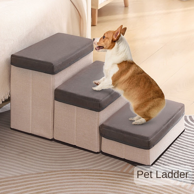Escada Pet Dobrável com 3 Degraus e Armazenamento com Zíper | Degraus Acolchoados em Tecido Cinza | Superfície Antiderrapante | Ideal para Cães de Pequeno e Médio Porte