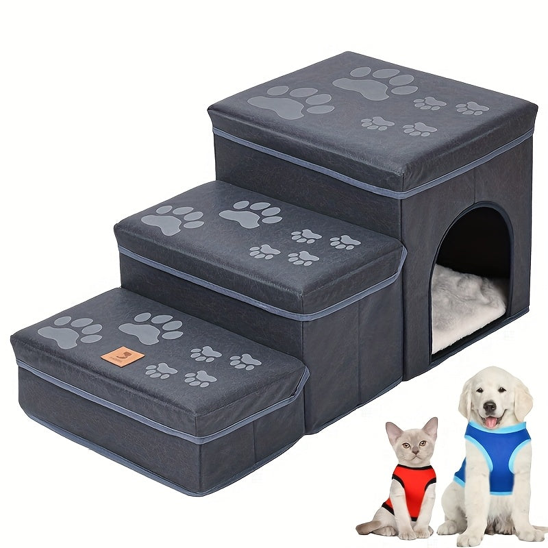 Escada Pet Dobrável com 3 Degraus e Estampa de Patinhas | Superfície Antiderrapante e Espaço de Armazenamento | Rampa e Degraus para Cães de Pequeno e Médio Porte e Gatos