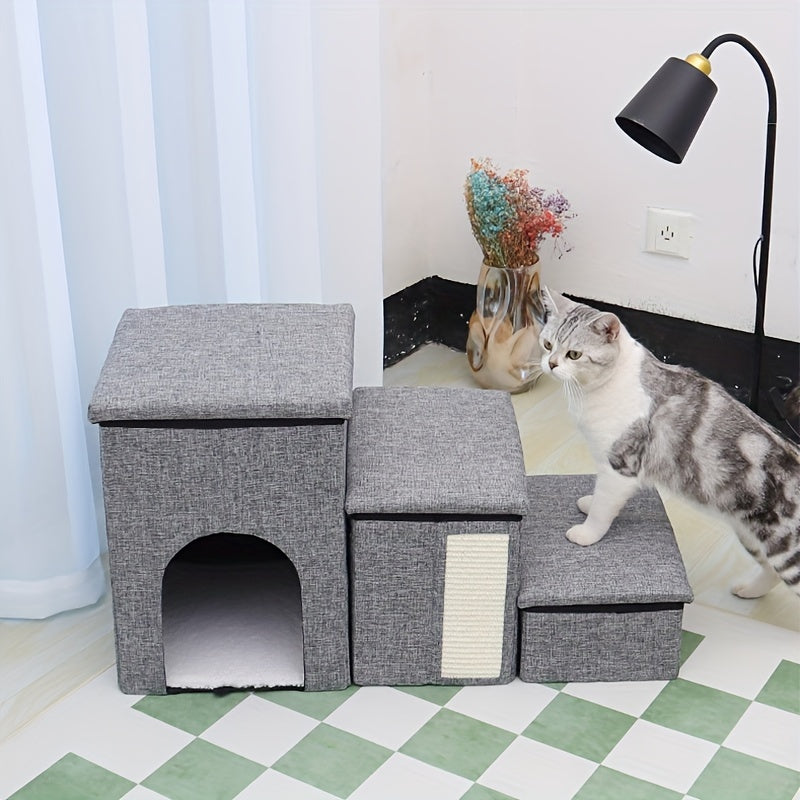 Casinha Multifuncional para Gatos com Escada de 3 Degraus | Sofá-Cama Dobrável para Gatos | Escada Antiderrapante |