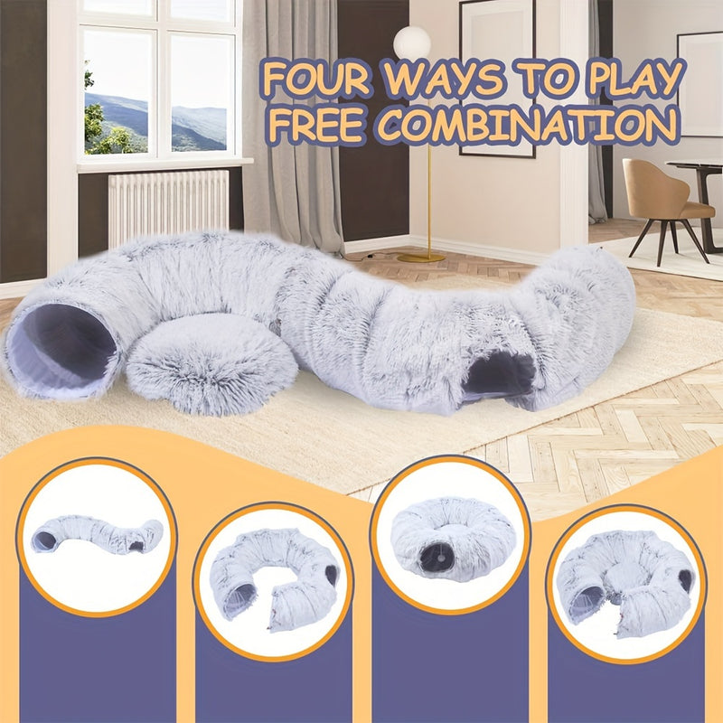 Túnel para Gatos com Cama – Túnel de Brincar com Tapete, Pelúcia Longa, Sono Profundo, Removível e Lavável, Passagem para Gatos Conectável e Multifuncional.