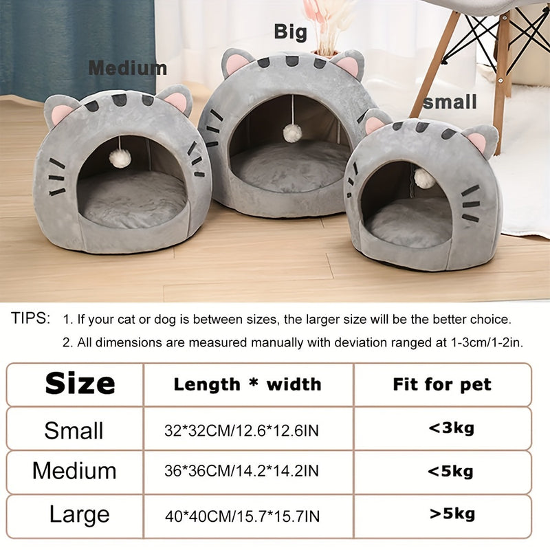 Grande Cama Caverninha Confortável para Gatos de Interior – Cama para Gato com Capuz de Pelúcia Cinza com Orelhas Cor-de-Rosa Adoráveis, Interior Macio e Almofada Removível e Lavável – Perfeita para Aconchegar e Cochilar, Camas para Gatos.
