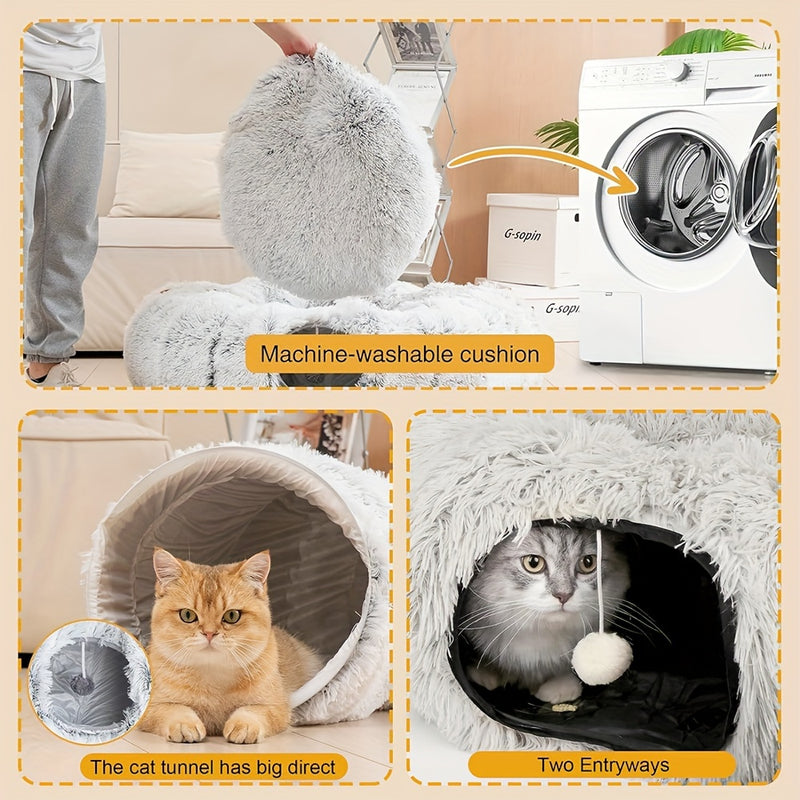 Túnel para Gatos com Cama – Túnel de Brincar com Tapete, Pelúcia Longa, Sono Profundo, Removível e Lavável, Passagem para Gatos Conectável e Multifuncional.