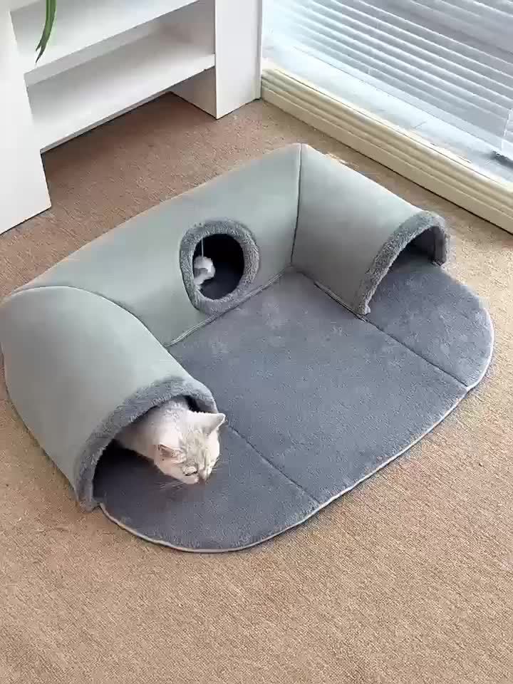 Túnel Cama Confortável 3 em 1 para Gatos – Tapete de Brincar e Ninho Quente com Base Antiderrapante para Gatos Pequenos a Médios, Coelhos e Hamsters.