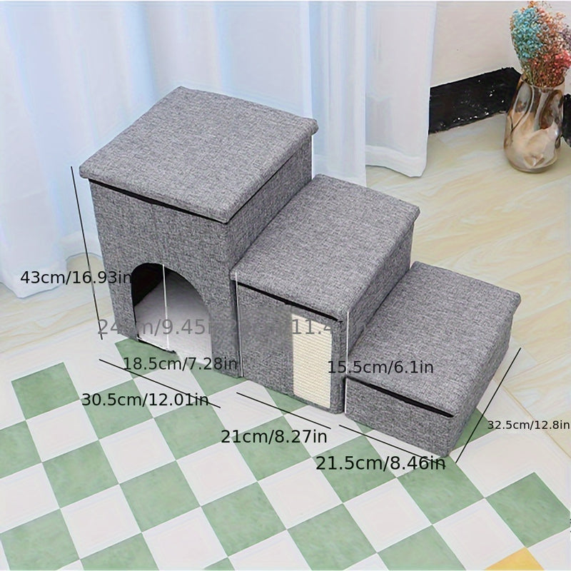 Escada Pet Grande com 3 Degraus e Espaço de Armazenamento | Dobrável, Antiderrapante e Aconchegante