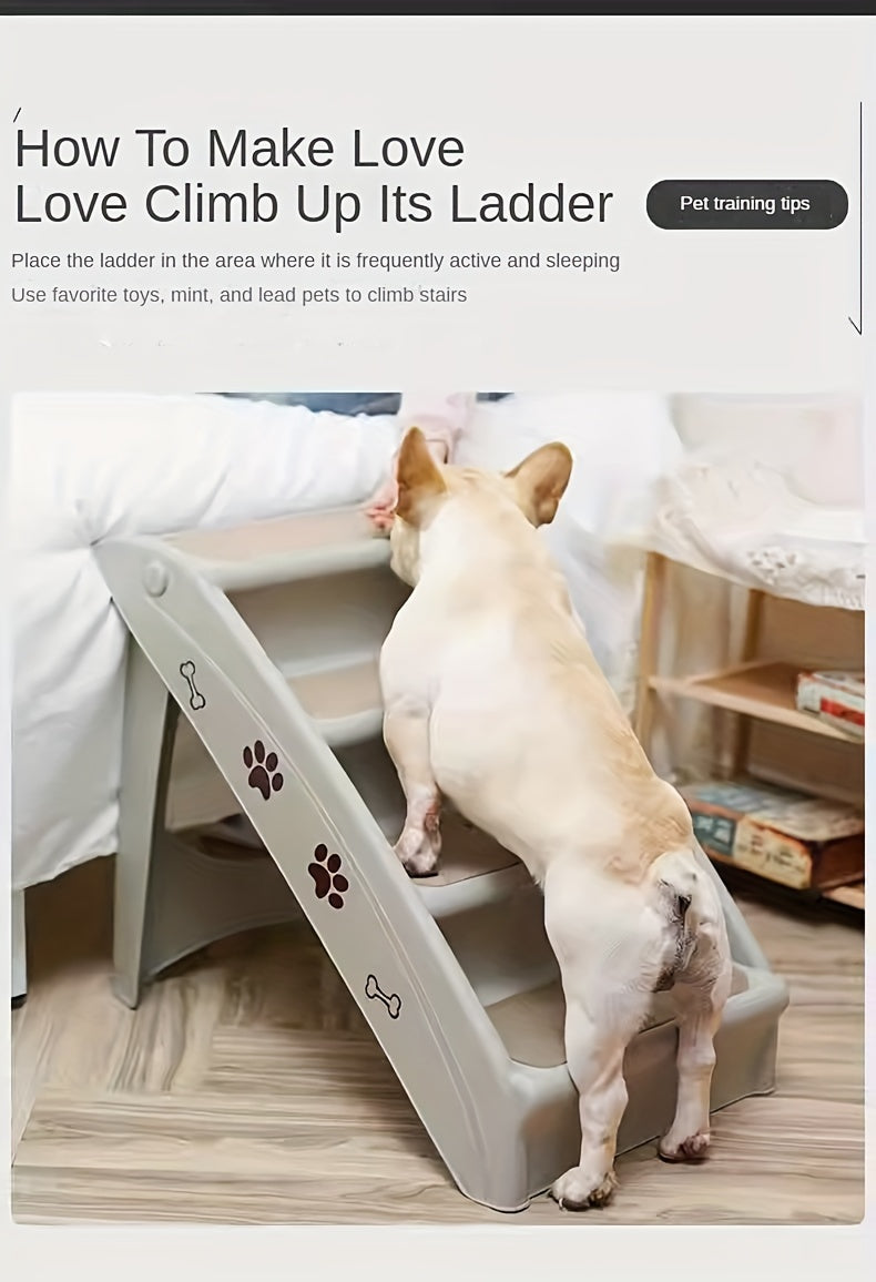 Escada Pet Portátil Dobrável – Para Cães e Gatos de Pequeno Porte | Escada de Plástico com Degraus Antiderrapantes e Estampa de Patinhas