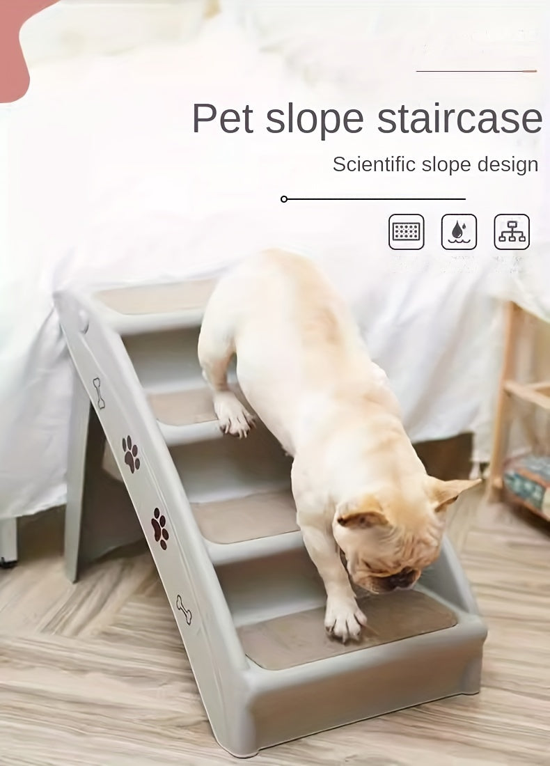 Escada Pet Portátil Dobrável – Para Cães e Gatos de Pequeno Porte | Escada de Plástico com Degraus Antiderrapantes e Estampa de Patinhas