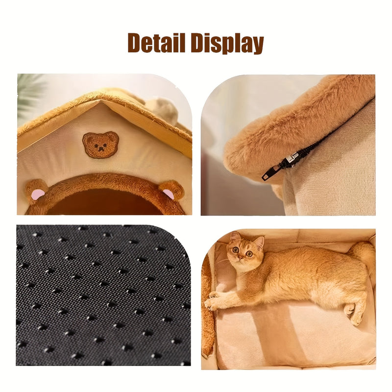 Casa Única para Pets em Estilo Vila Pequena Com Forro de Fleece Ártico e Fleece Curto, Fundo Antiderrapante Removível e Lavável, Ideal para Gatos e Cães Ultra-Pequenos, Pequenos e Médios.