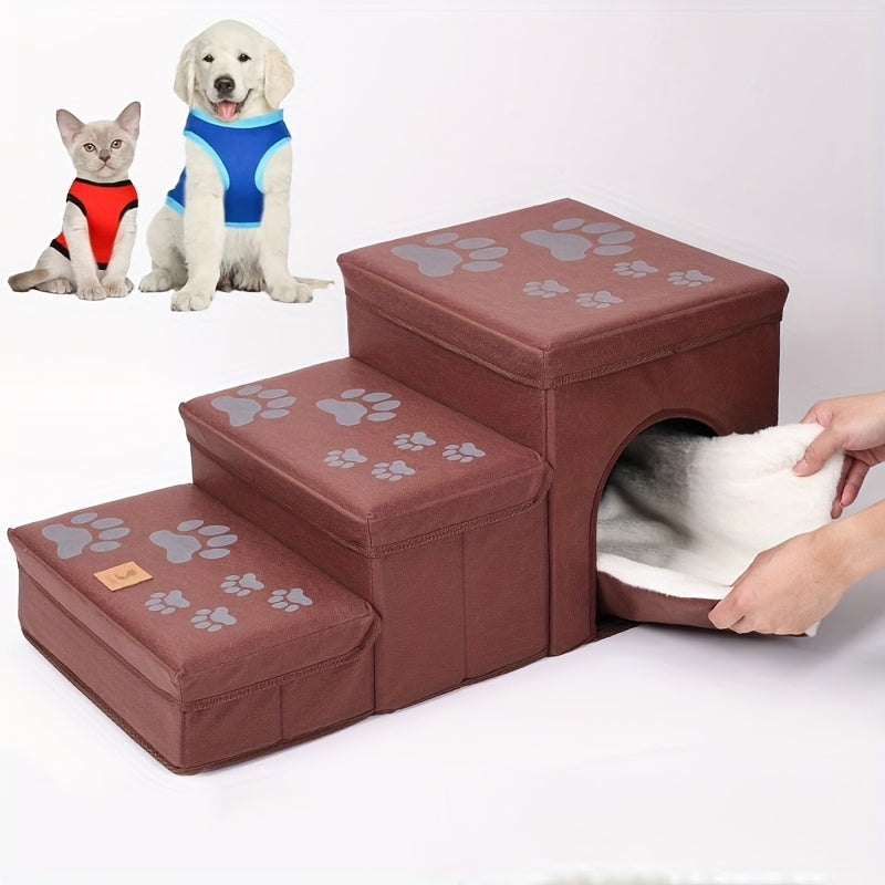 Escada Pet Dobrável com 3 Degraus e Estampa de Patinhas | Superfície Antiderrapante e Espaço de Armazenamento | Rampa e Degraus para Cães de Pequeno e Médio Porte e Gatos
