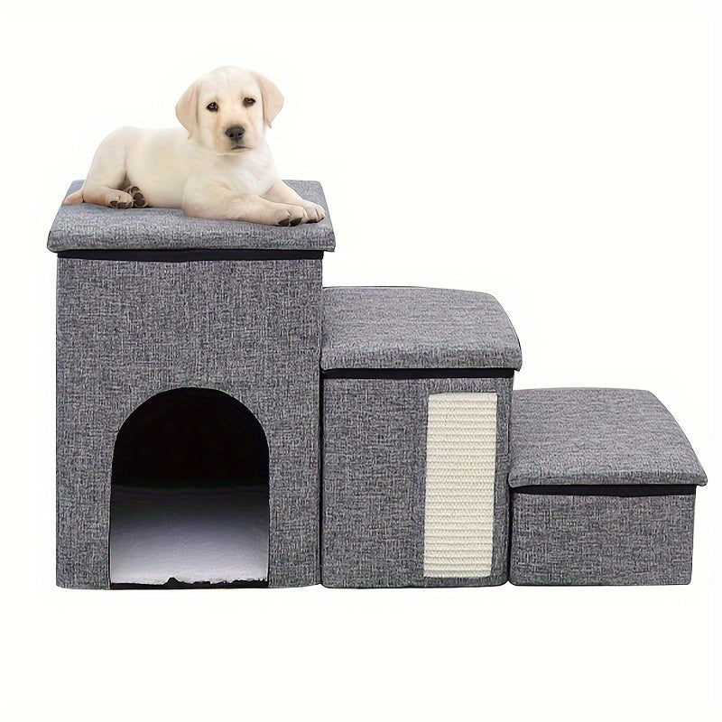 Escada Pet Grande com 3 Degraus e Espaço de Armazenamento | Dobrável, Antiderrapante e Aconchegante