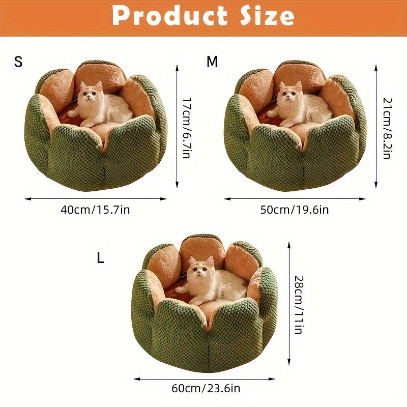 Cama Confortável para Gato em Forma de Pétala de Pelúcia -  Verde com Textura Tricotada, Enchimento de Poliéster | Cama em Forma de Pétala | Cama Confortável para Pets